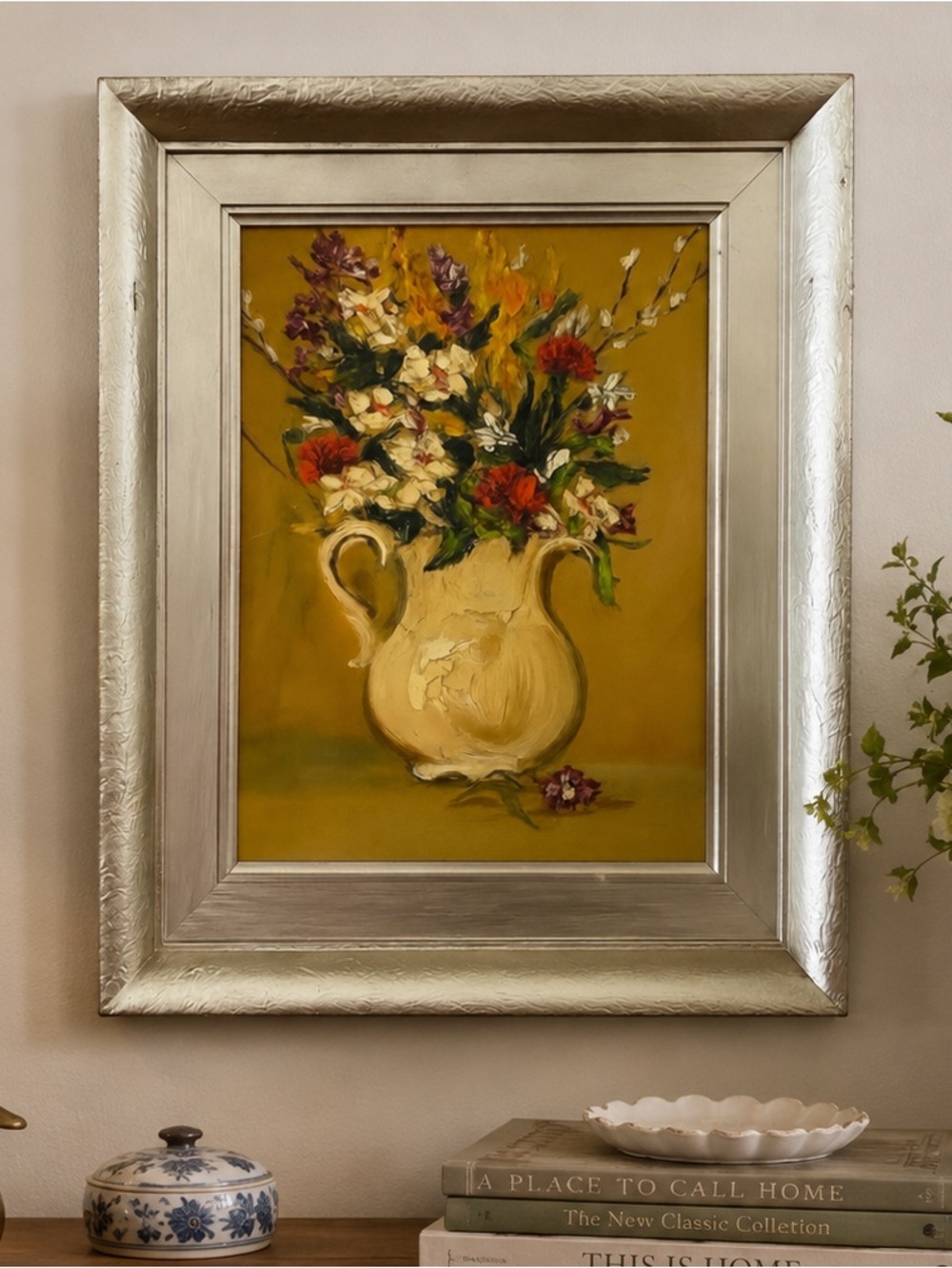 Vintage framed Art Oil still life floral painting white pitcher with bouquet